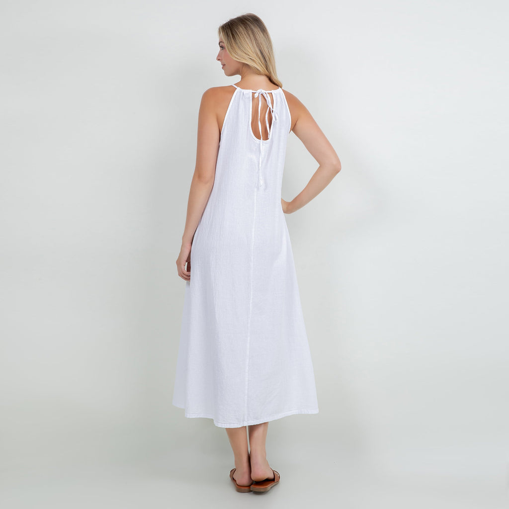 Cotton gauze dress, white halter-back with tie keyhole opening