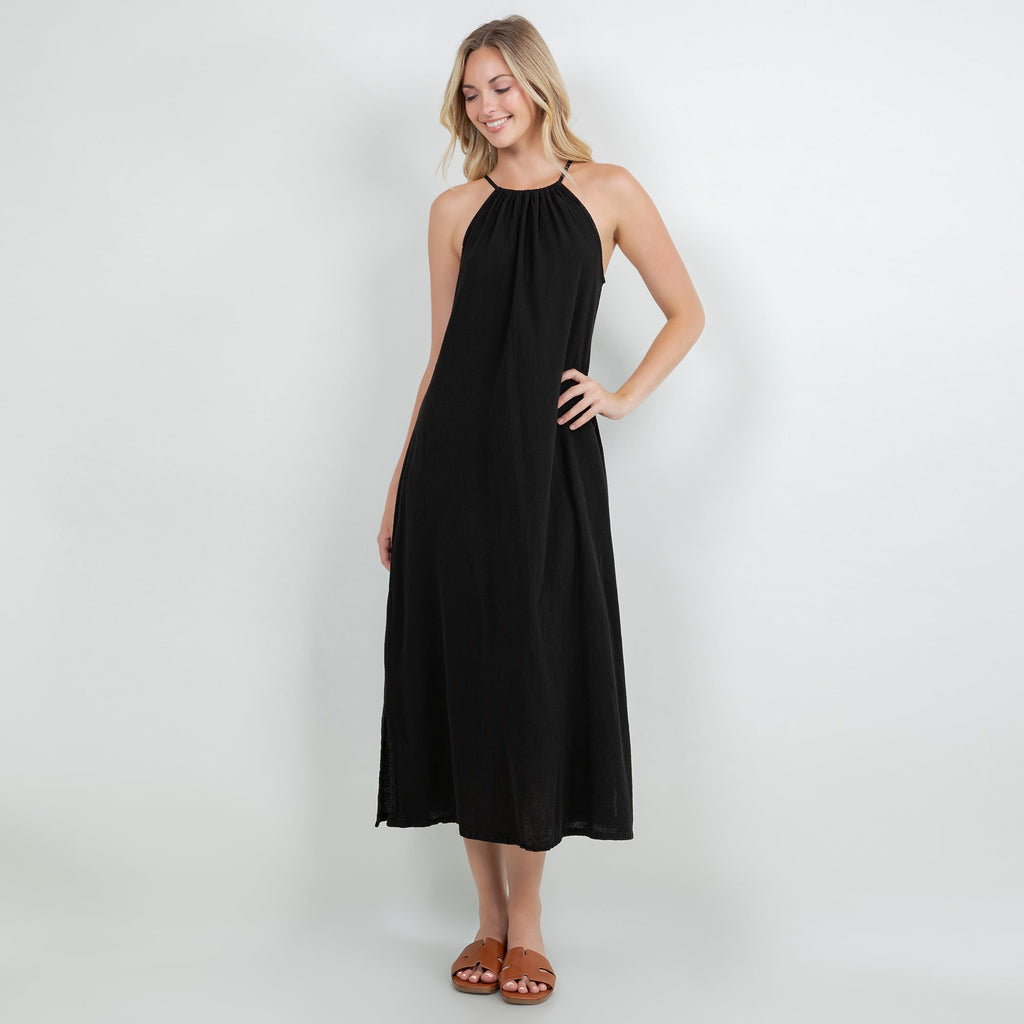 Black cotton gauze sleeveless halter midi dress with gathered neckline, relaxed fit.