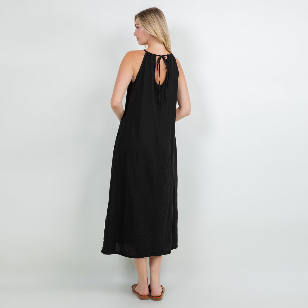 Black cotton gauze halter midi dress, open back with tie strap detail.