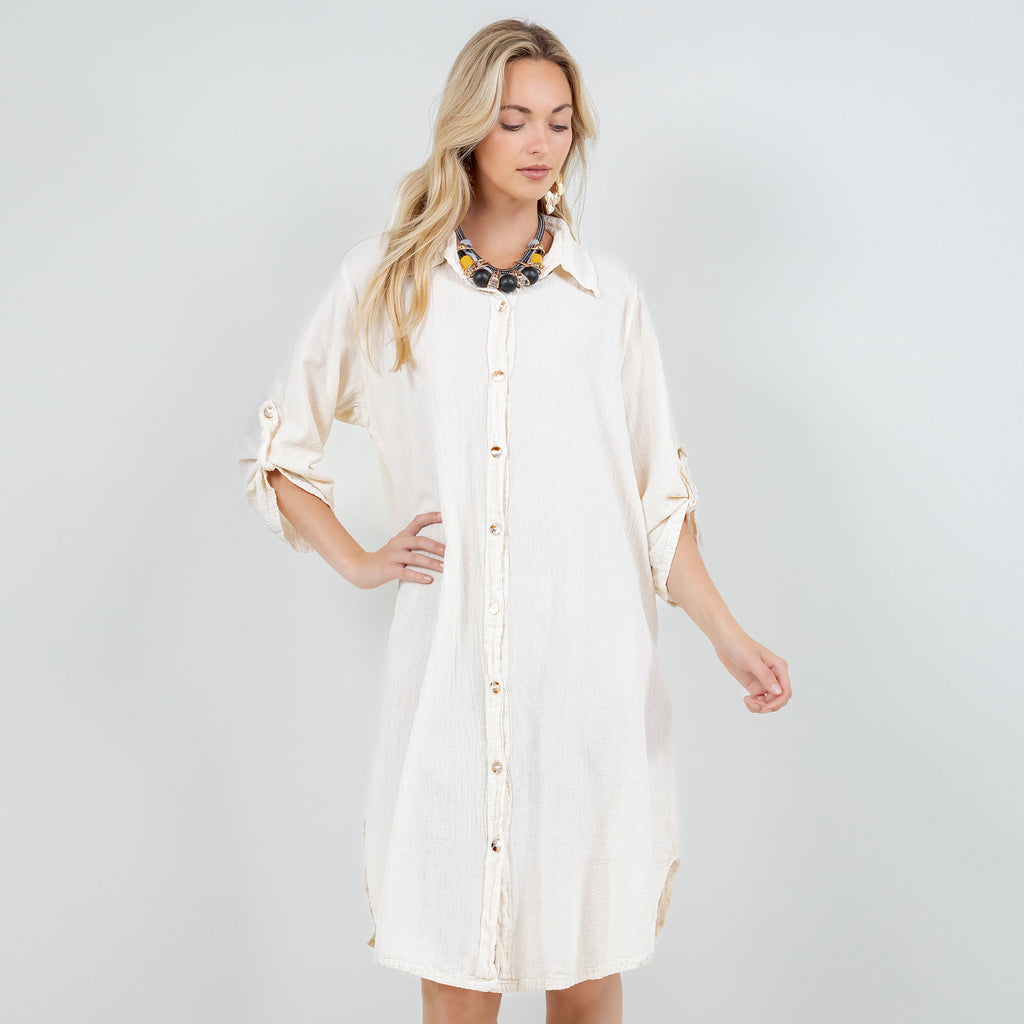 Ivory cotton gauze tunic with collar and button-front, elbow-length sleeves