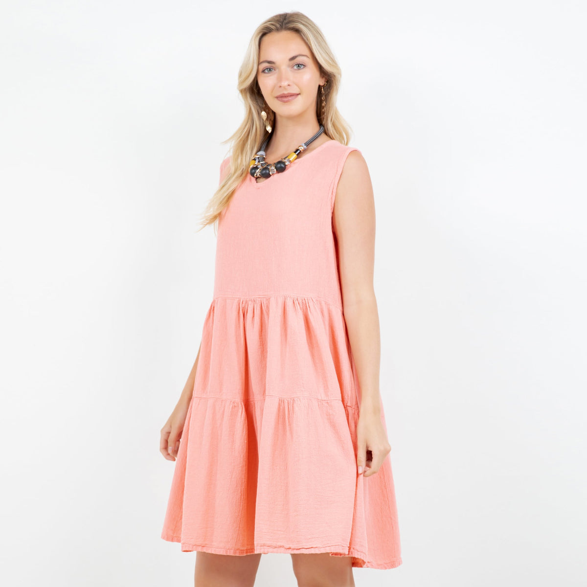 Anjanette pink sleeveless tiered cotton gauze dress with V-neckline
