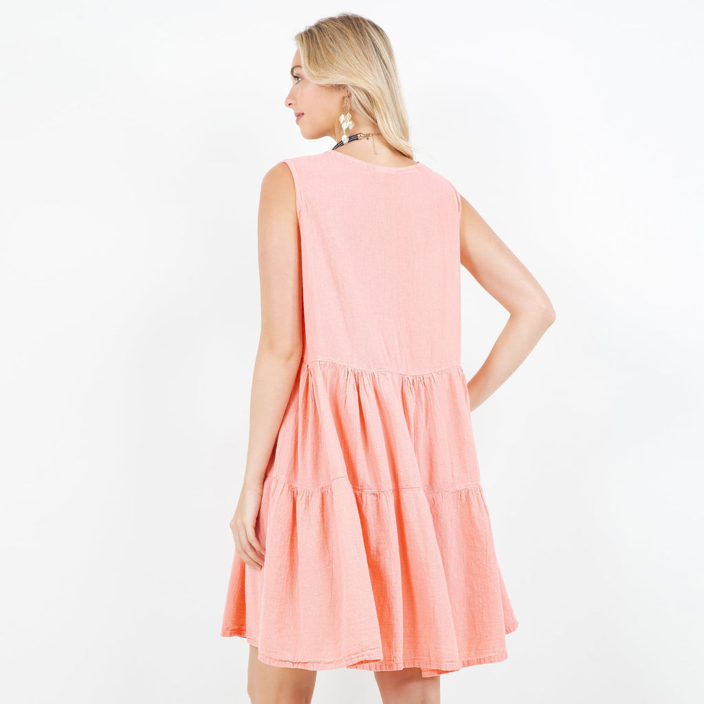 Peach pink cotton gauze tiered sleeveless dress, back view