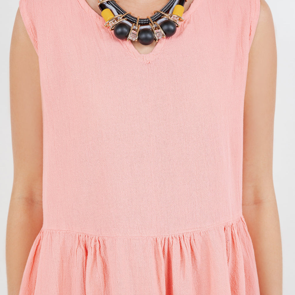 Anjanette pink sleeveless cotton gauze dress, V-neck and tiered skirt
