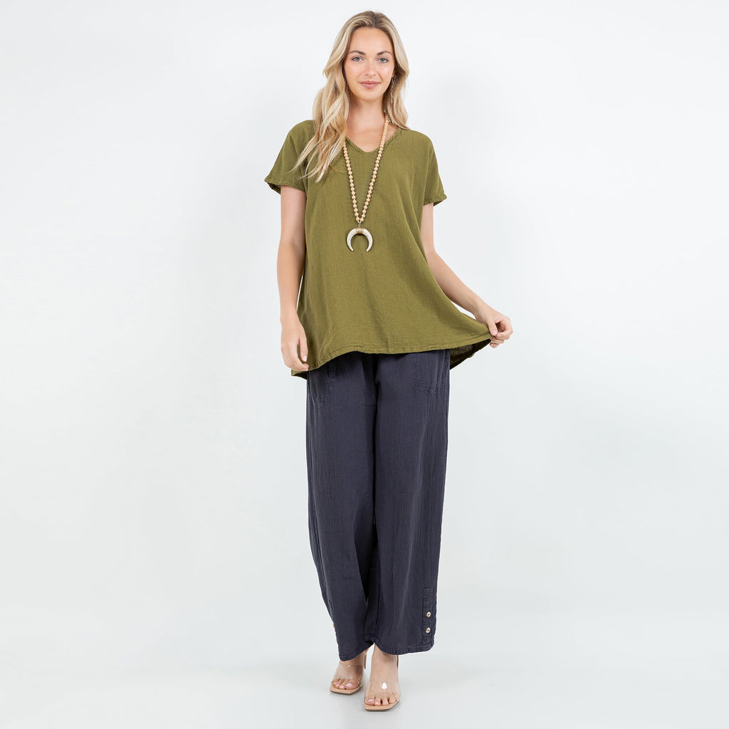Olive cotton gauze top with V-neck and short sleeves, loose tunic shape