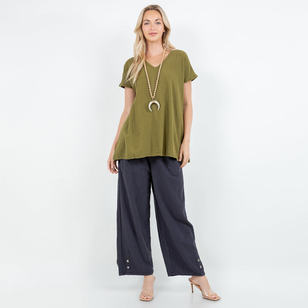 Betsy cotton gauze top, olive green, V-neck, short sleeves, relaxed fit