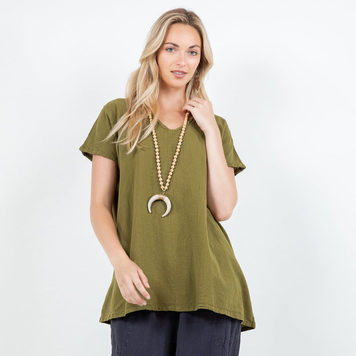 Olive cotton gauze top with V-neck and short sleeves, loose tunic silhouette