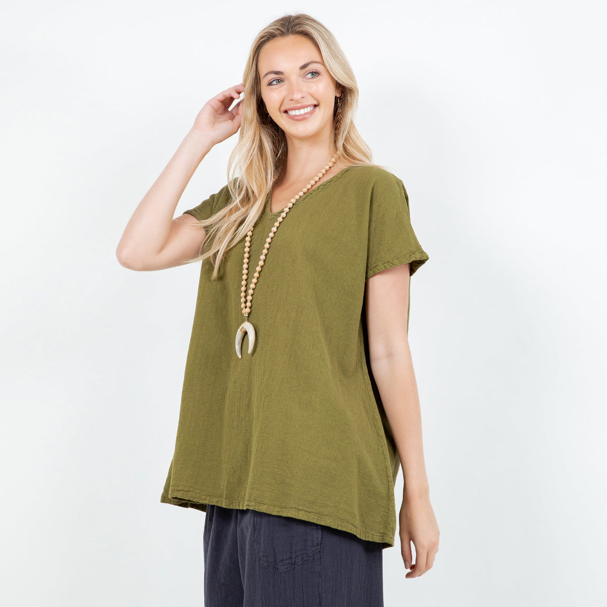 Betsy cotton gauze top, olive green, V-neck, short sleeves, loose swing hem