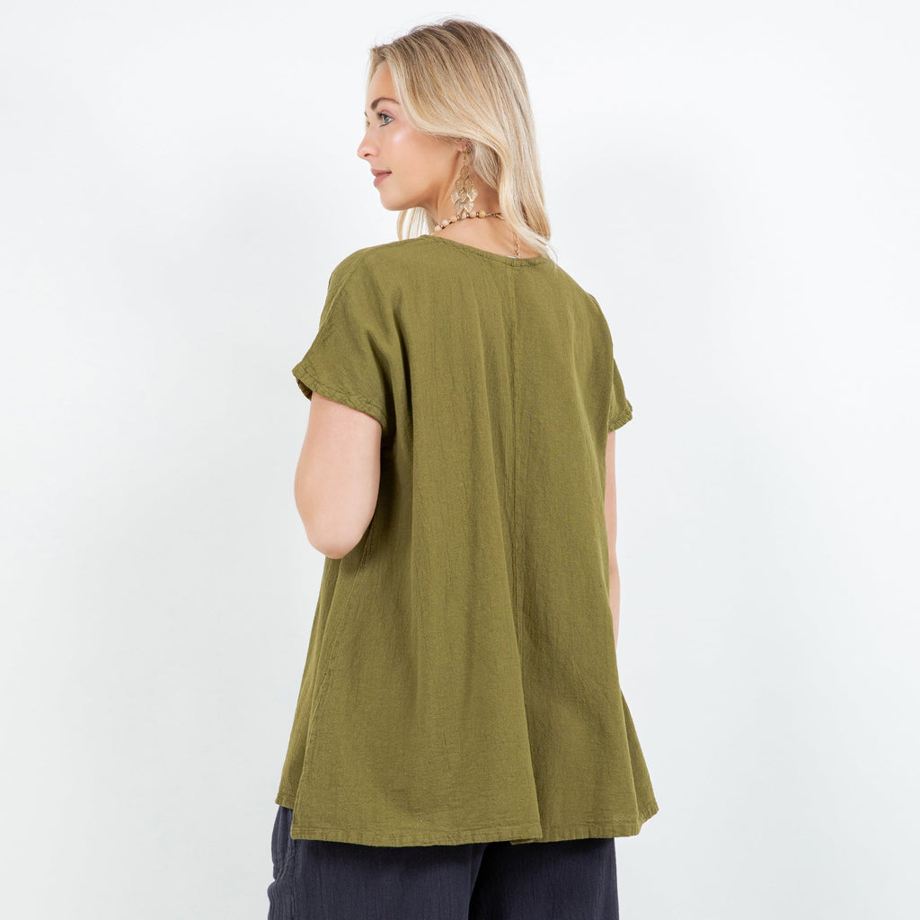 Betsy cotton gauze top, olive green, short sleeves, draped relaxed back view