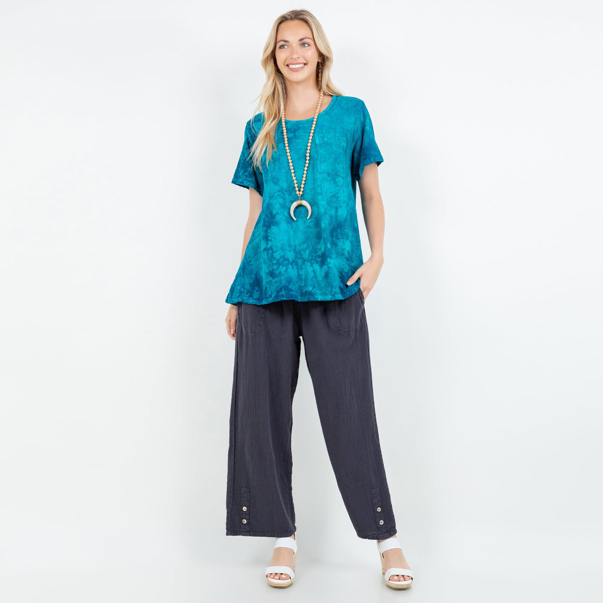 Black cotton gauze pull-on wide-leg pants with elastic waistband and button cuffs