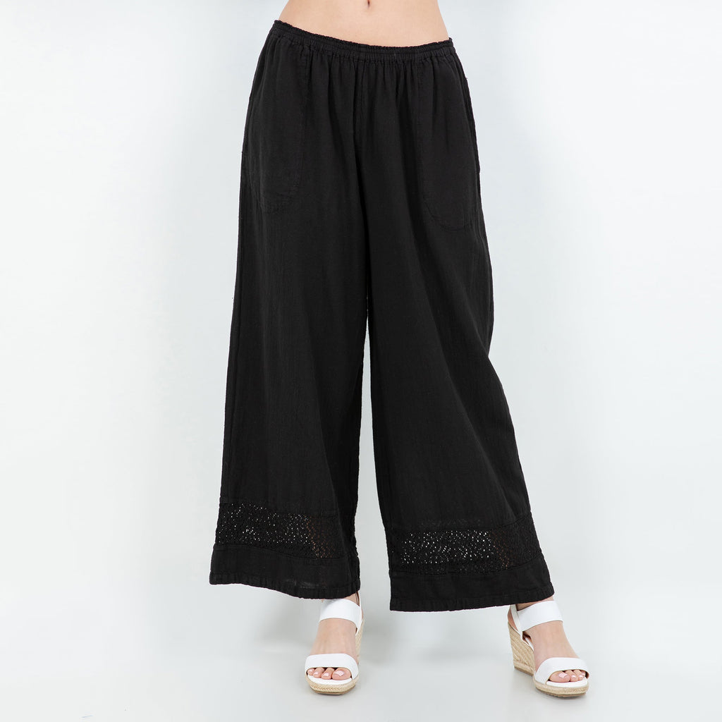 Black cotton gauze wide-leg pants with elastic waistband and lace-trimmed hem