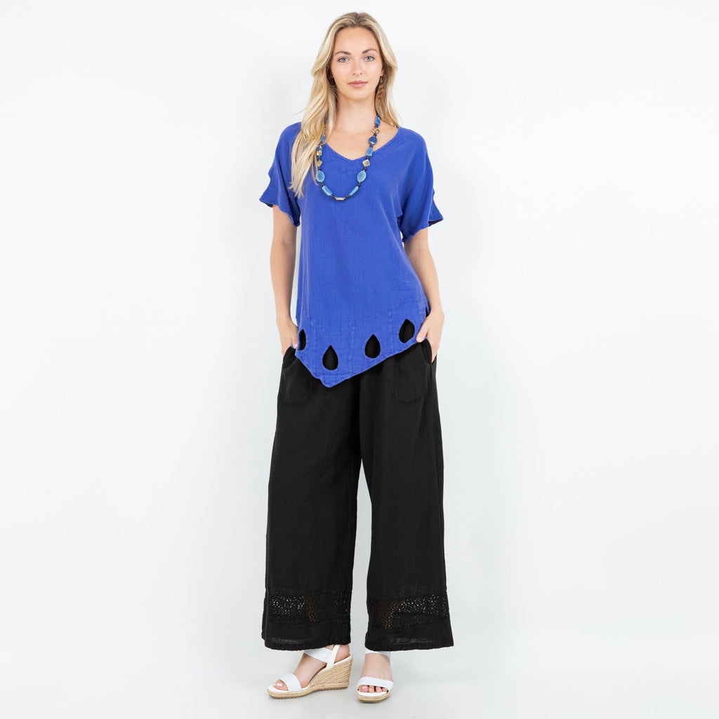 Black cotton gauze wide-leg pants with elastic waist and cropped length hem