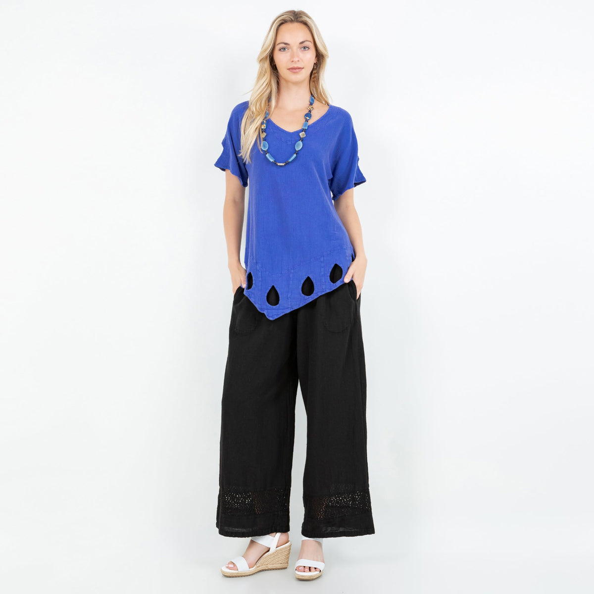 Black cotton gauze wide-leg pants with elastic waist and cropped length hem