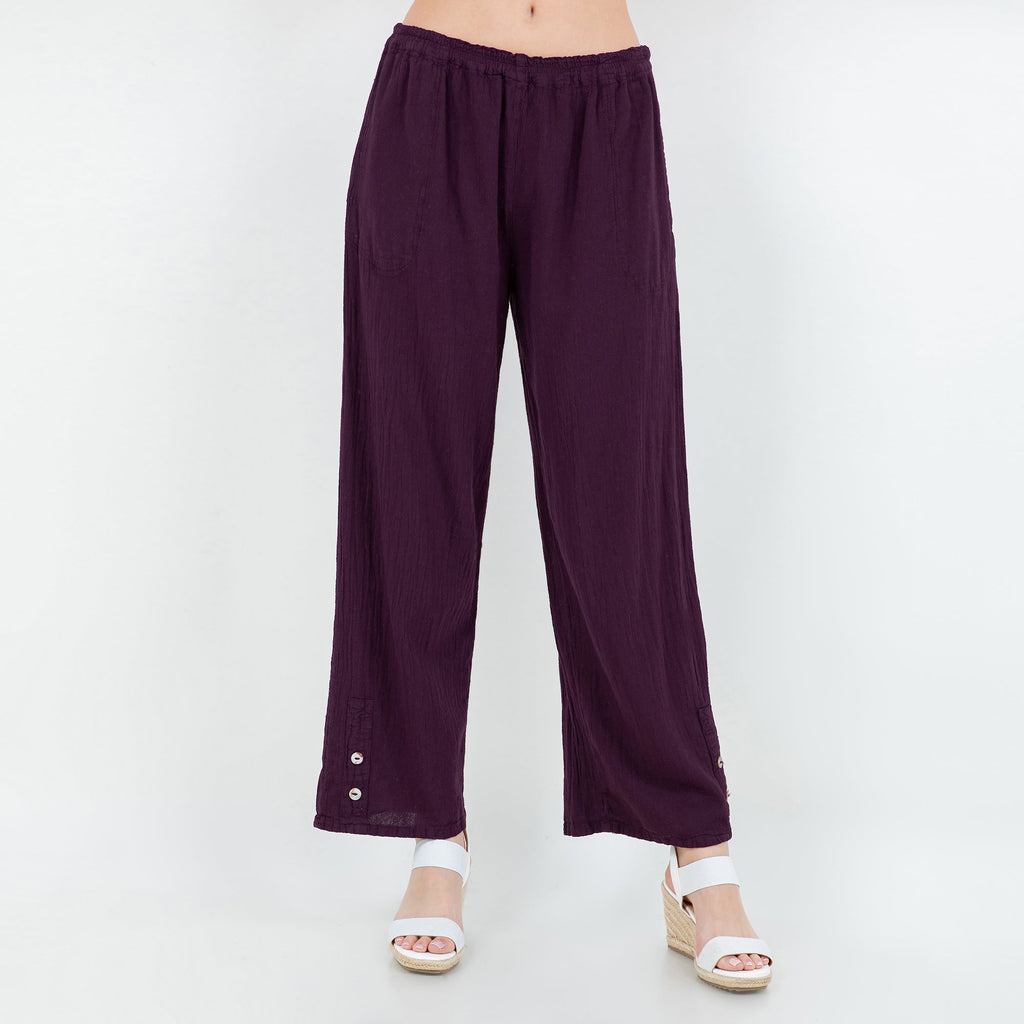 Eggplant purple cotton gauze pull-on wide-leg pants with elastic waist and button hem