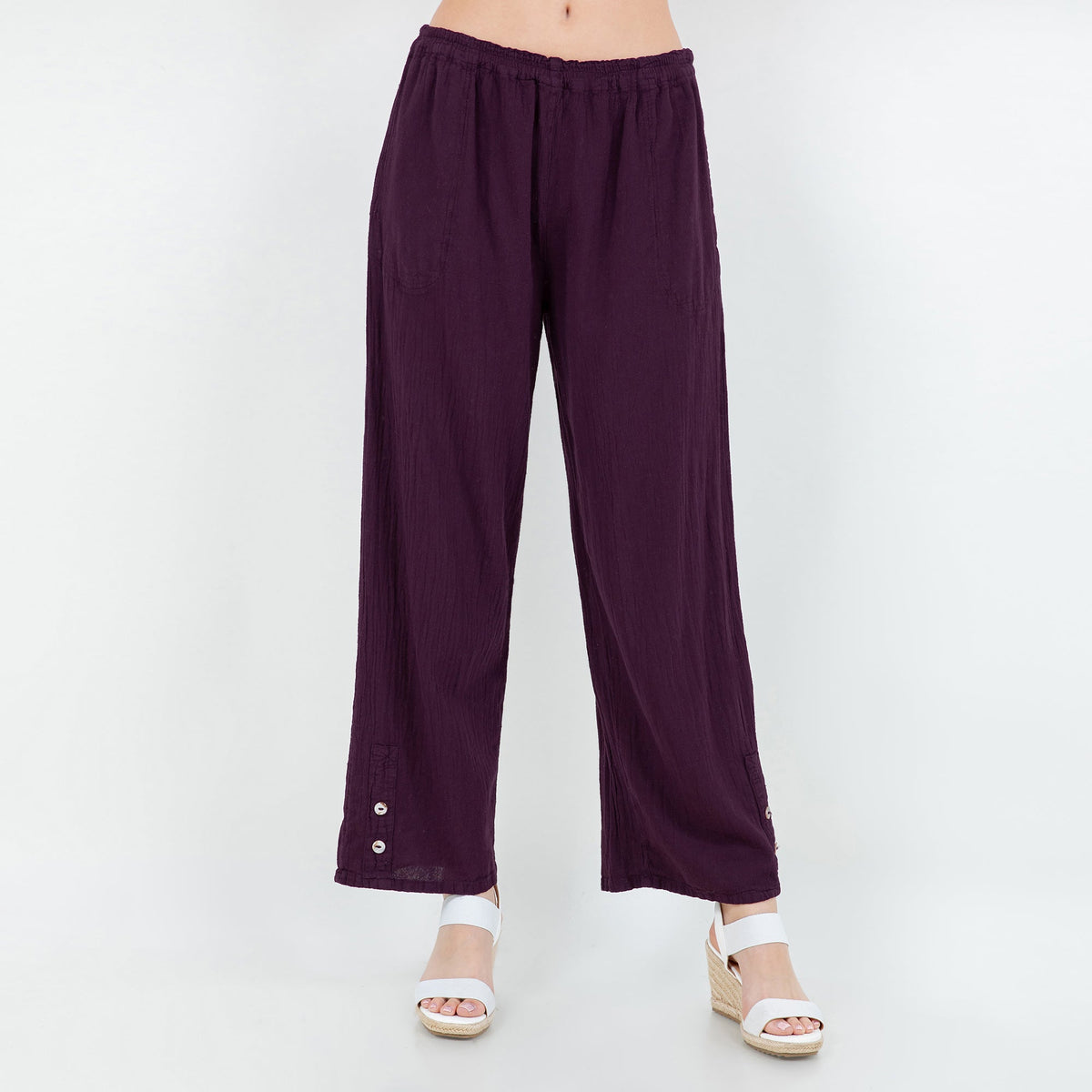 Eggplant purple cotton gauze pull-on wide-leg pants with elastic waist and button hem