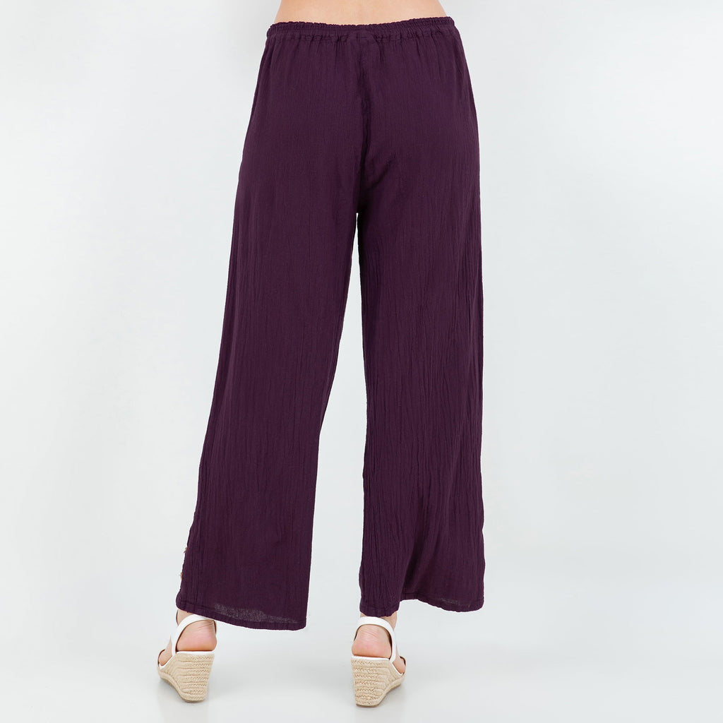 Eggplant purple cotton gauze wide-leg pants with elastic waistband and draped legs