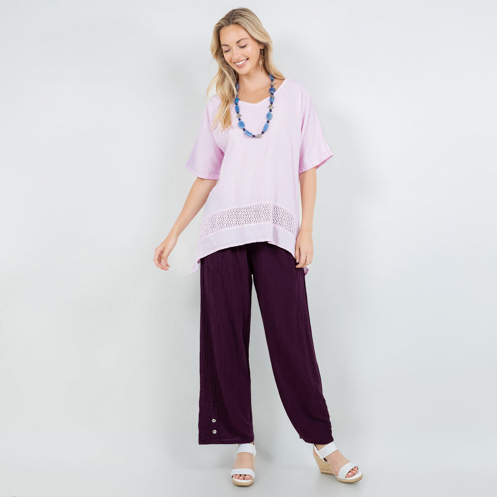 Women’s cotton gauze Cynthia top in lilac, flowing fit with crochet hem trim