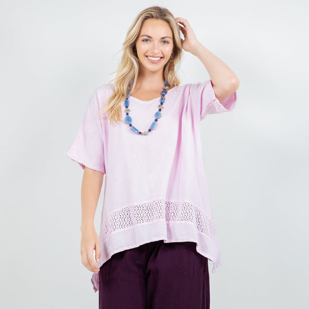 Women’s cotton gauze Cynthia top, lilac short sleeves and crochet waist band