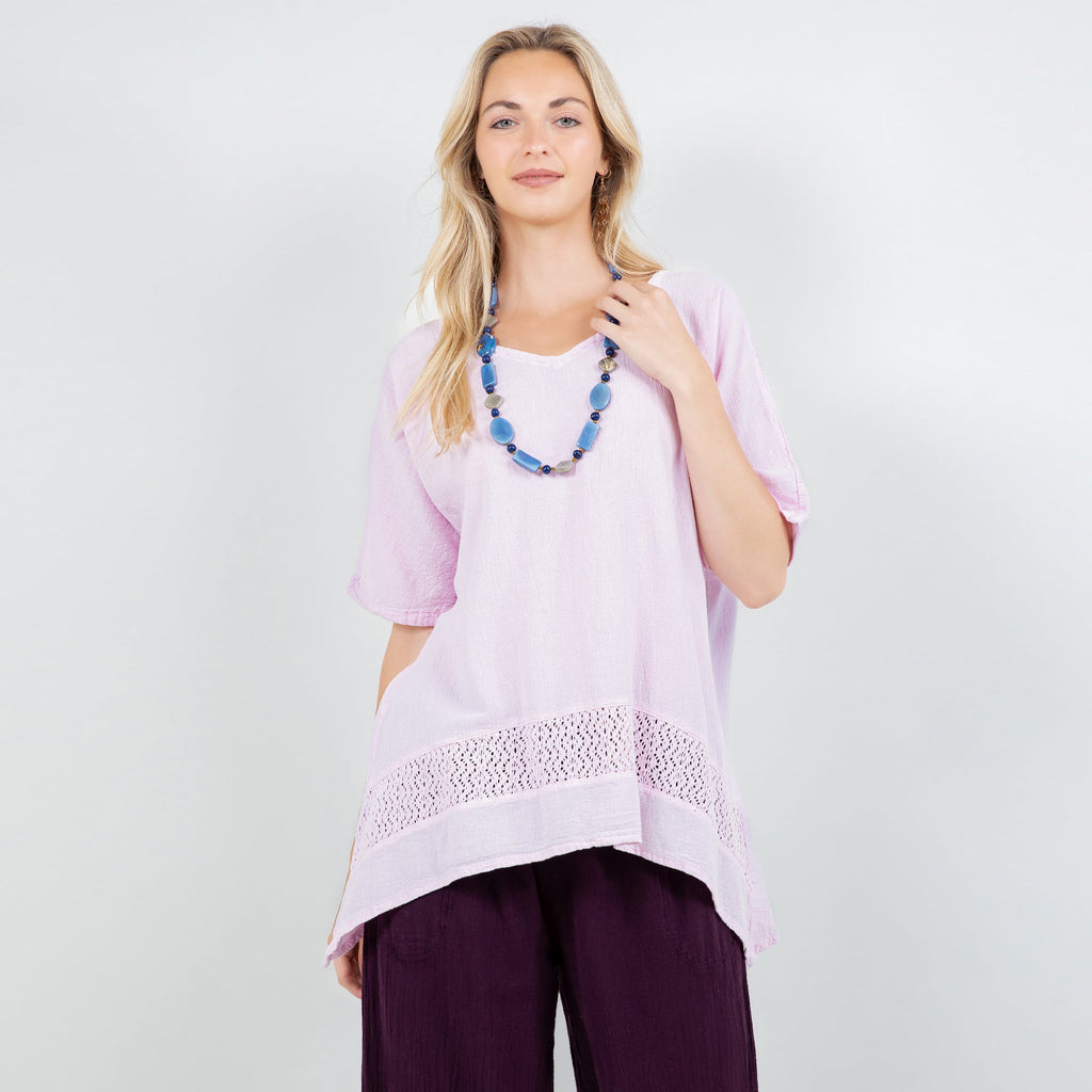 Women’s cotton gauze Cynthia top in lilac, crochet detail across lower hem