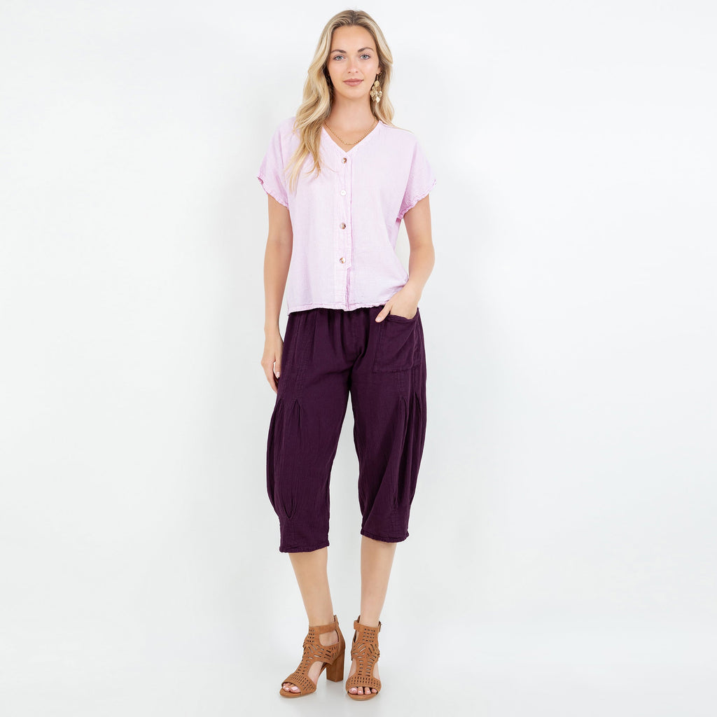 Lavender cotton gauze top with V-neck and button-front detail, soft drape