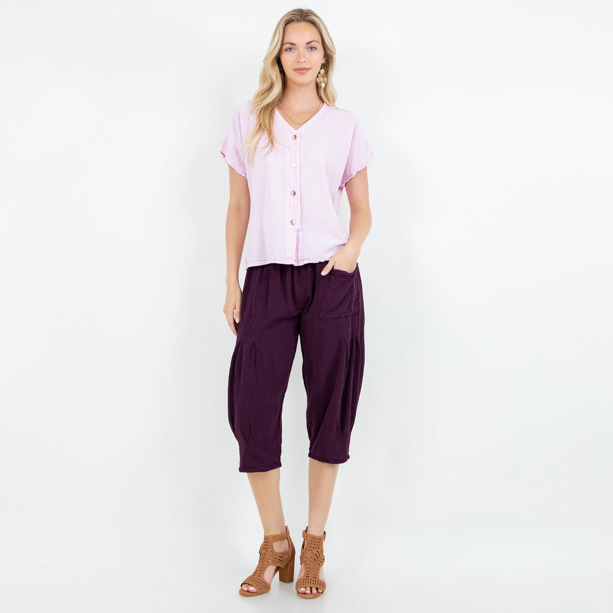 Lavender cotton gauze top with V-neck and button-front detail, soft drape