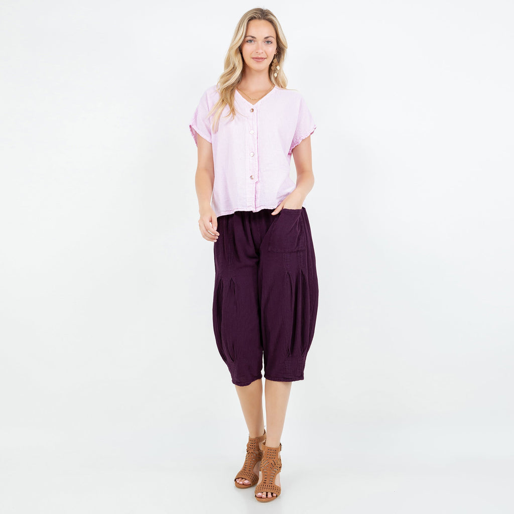 Lavender cotton gauze top with short sleeves and V-neck button-front, straight hem