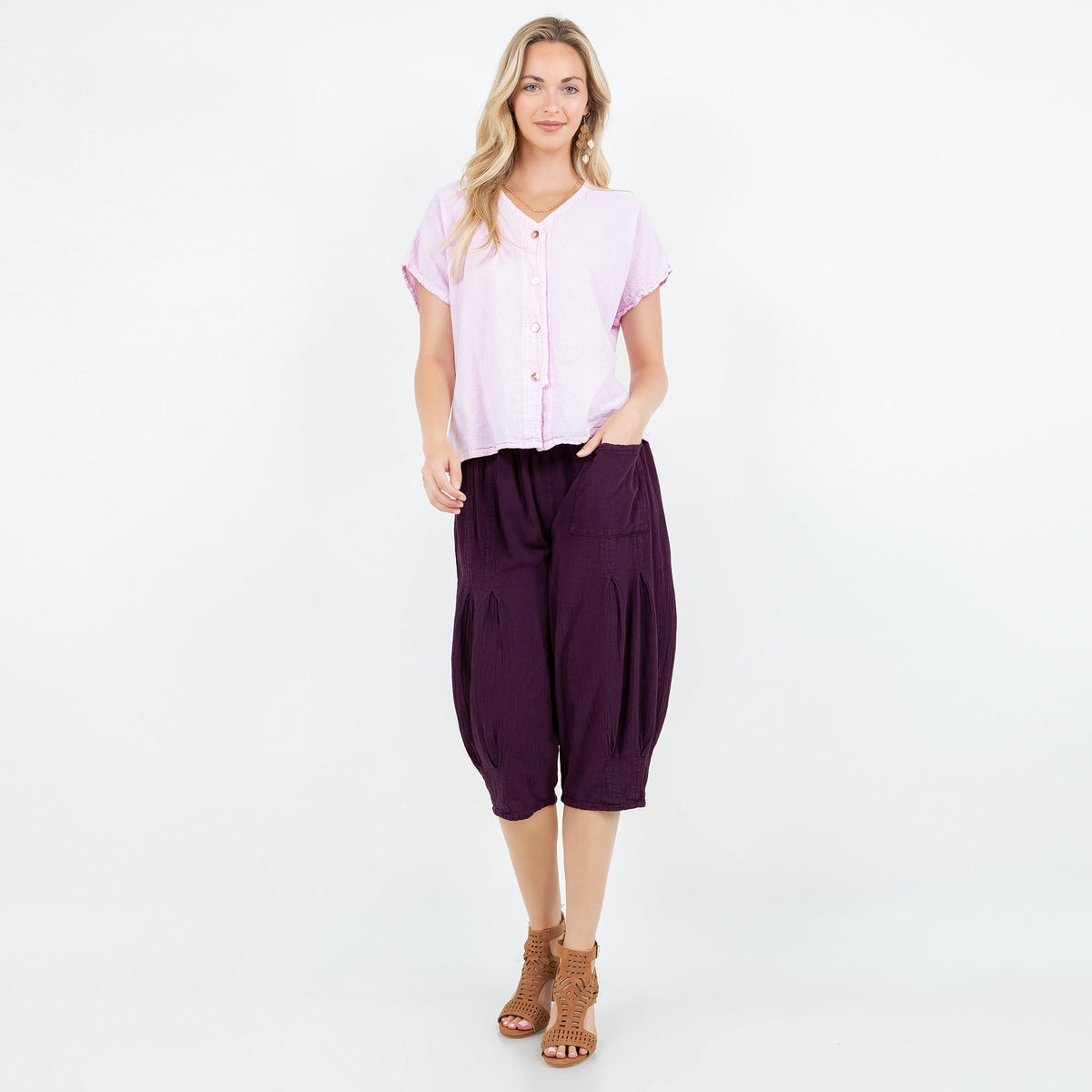 Lavender cotton gauze top with short sleeves and V-neck button-front, straight hem