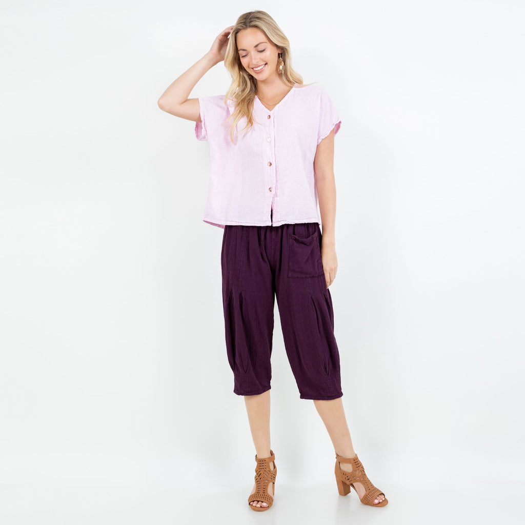 Lavender cotton gauze top with V-neck button-front and short flutter sleeves