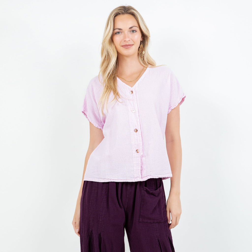 Lavender cotton gauze top with V-neck and button-front, short flutter sleeves