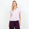 Lavender cotton gauze top with V-neck and button-front, short flutter sleeves