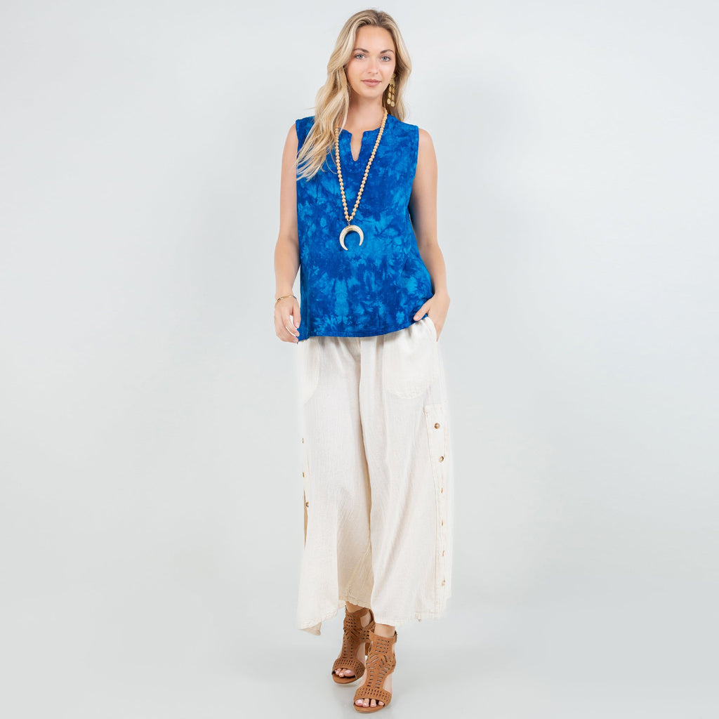 Blue tie-dye cotton gauze sleeveless top, V-neck keyhole and straight flowy hem