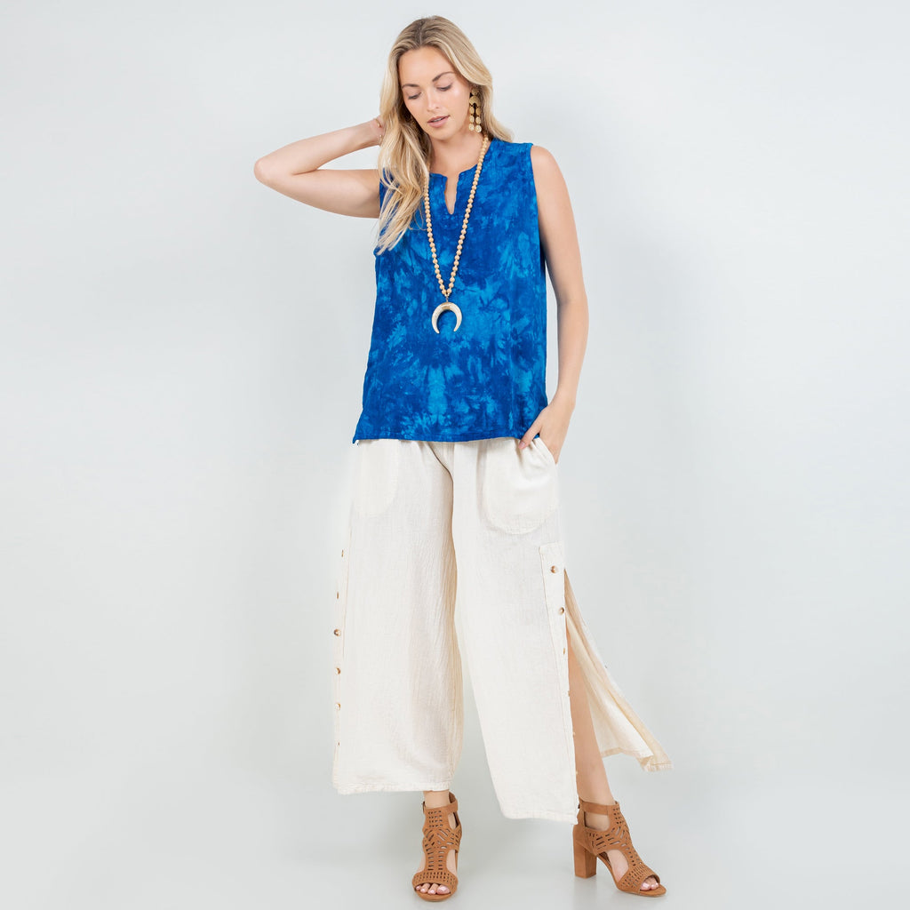 Blue tie-dye cotton gauze sleeveless top, V-neck keyhole and flowy hem