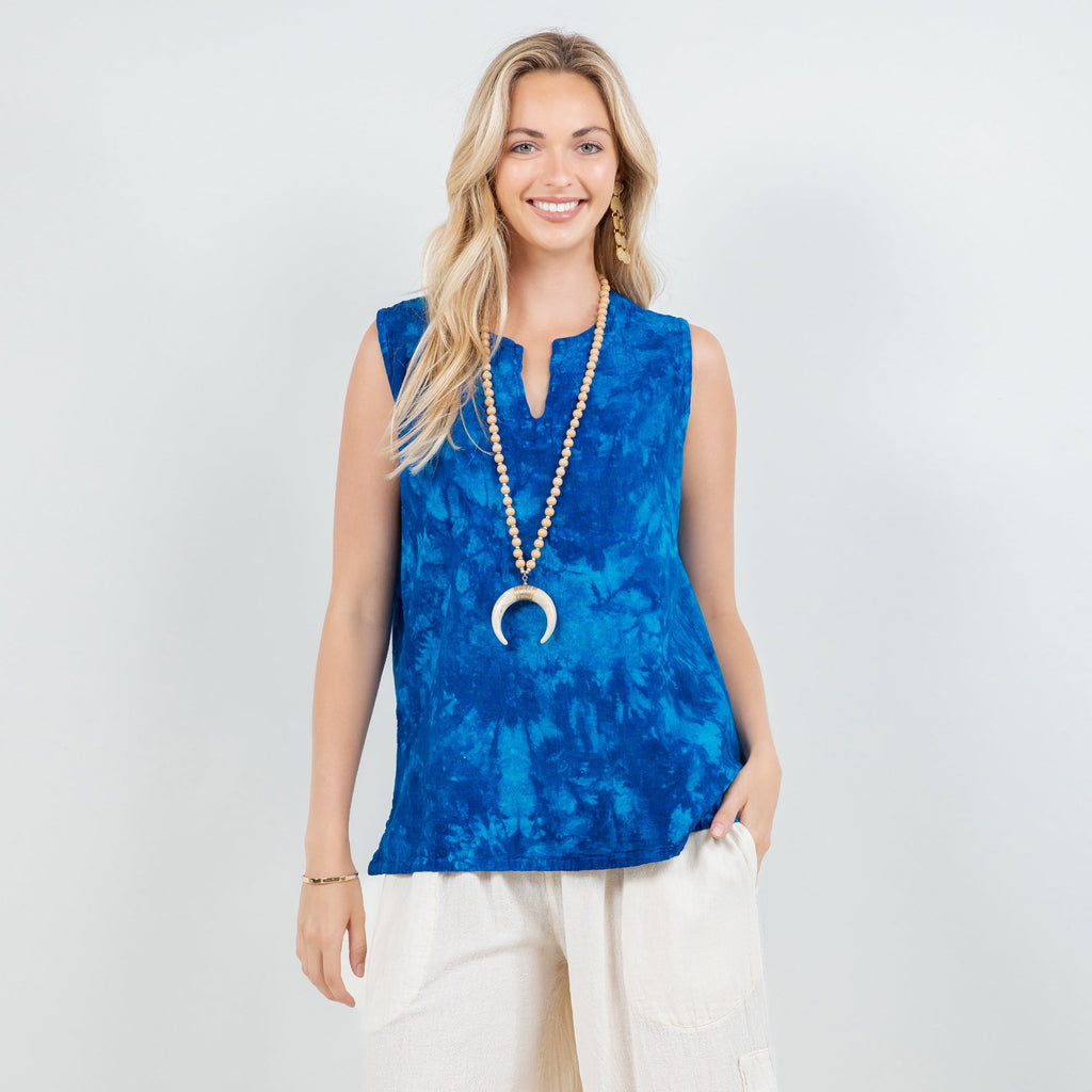 Sleeveless cotton gauze top, blue tie-dye, V-neck with center opening