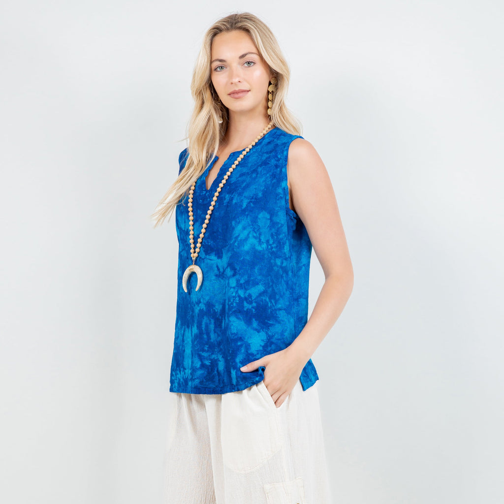 Sleeveless cotton gauze top, blue tie-dye, V-neck keyhole and relaxed fit