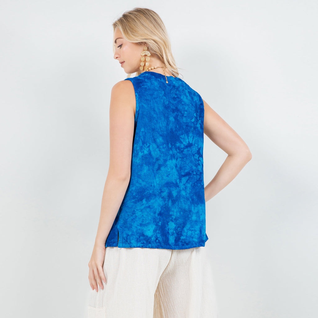 Blue sleeveless cotton gauze top with relaxed fit and V-back neckline