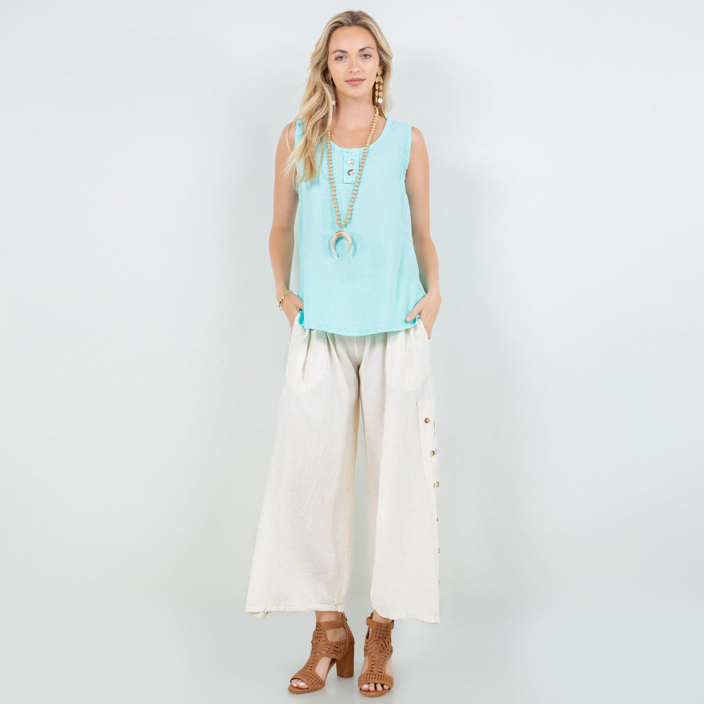 Turquoise sleeveless cotton gauze tunic top with scoop neck and side slits