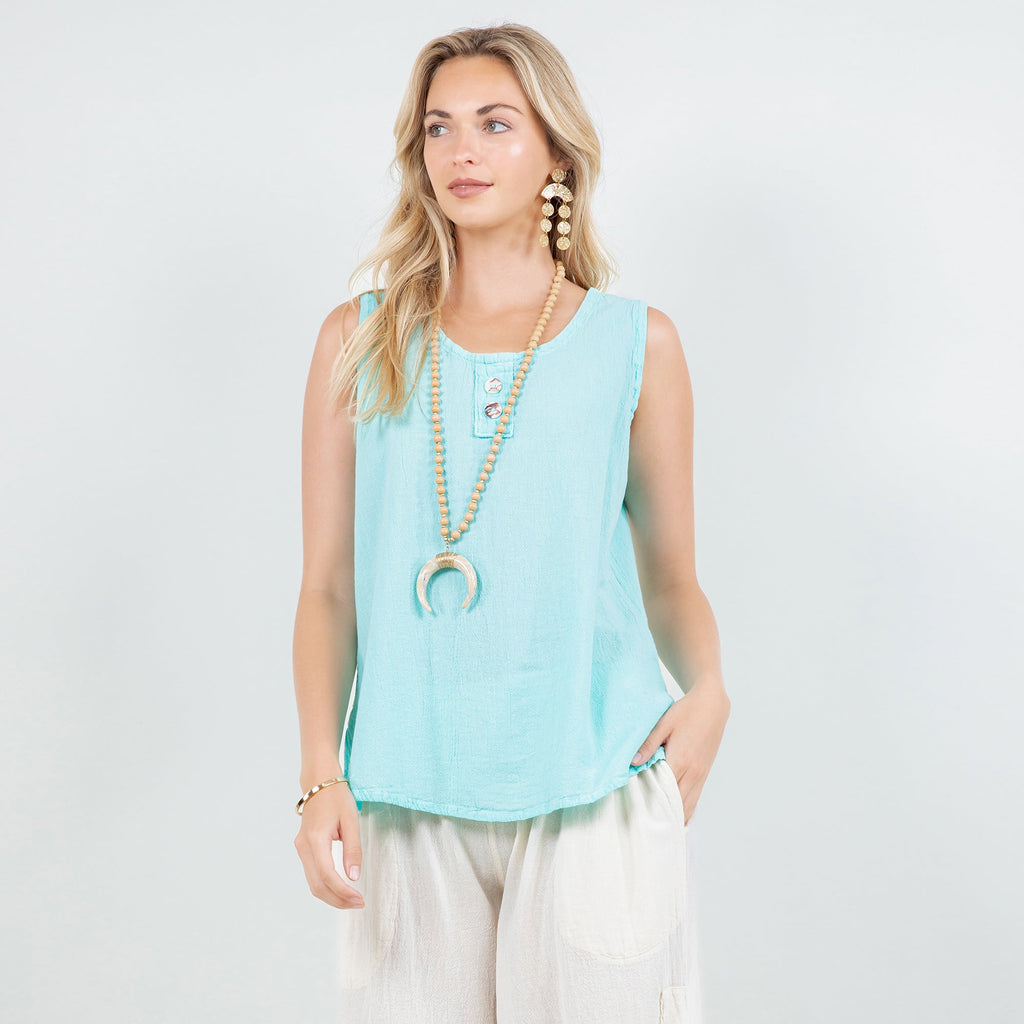 Turquoise sleeveless cotton gauze top with scoop neck and front button placket