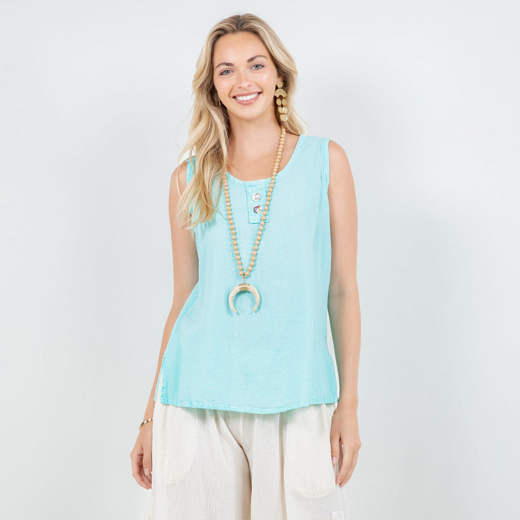 Turquoise sleeveless cotton gauze Anne top with scoop neck and front button placket