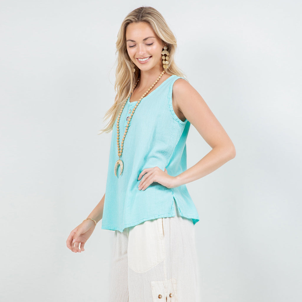 Turquoise sleeveless cotton gauze top with scoop neck and side slits