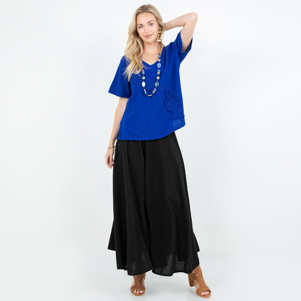 Black cotton gauze Blanche pants with elastic waistband and full wide-leg flare