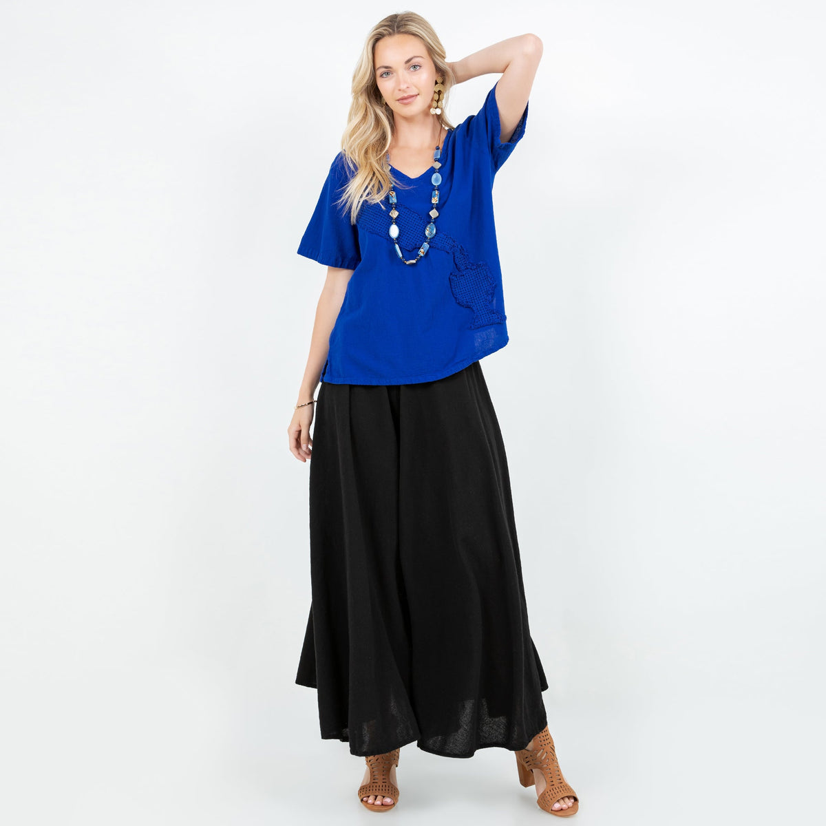 Black cotton gauze Blanche pants with elastic waistband and full wide-leg flare