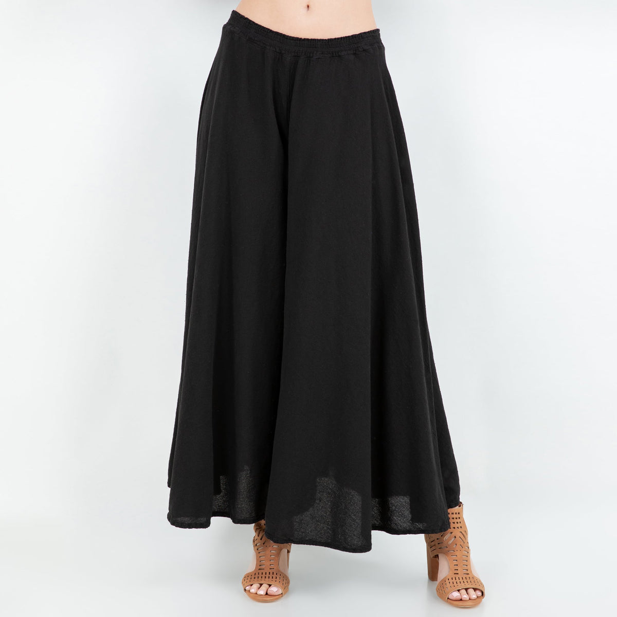 Black cotton gauze Blanche pants close-up with elastic waist and wide flare legs
