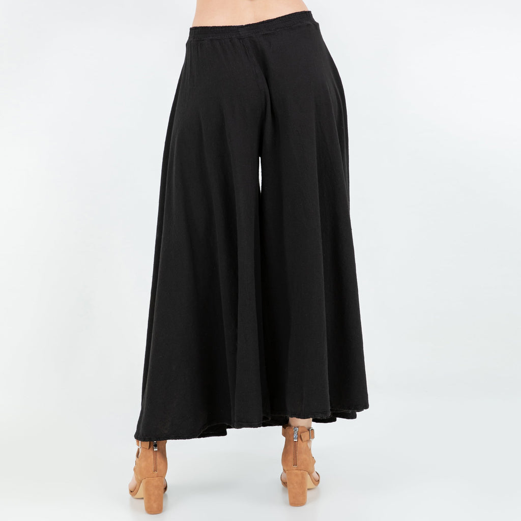 Black 100% cotton gauze pants, elastic waist with loose wide-leg drape