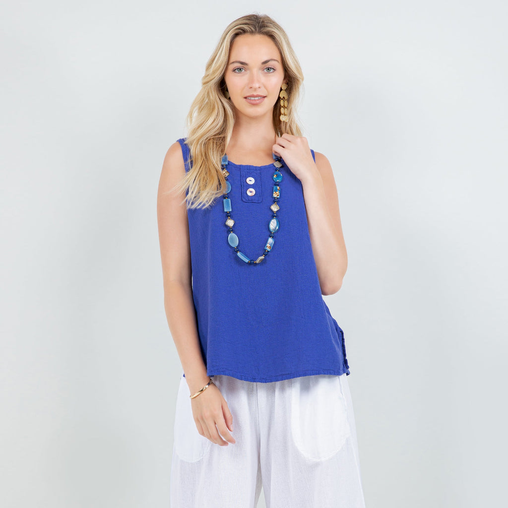 Blue sleeveless cotton gauze Anne top with scoop neck and center button placket