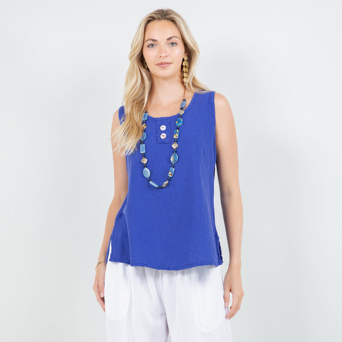 Women's cotton gauze sleeveless top in deep blue with round neckline and button placket