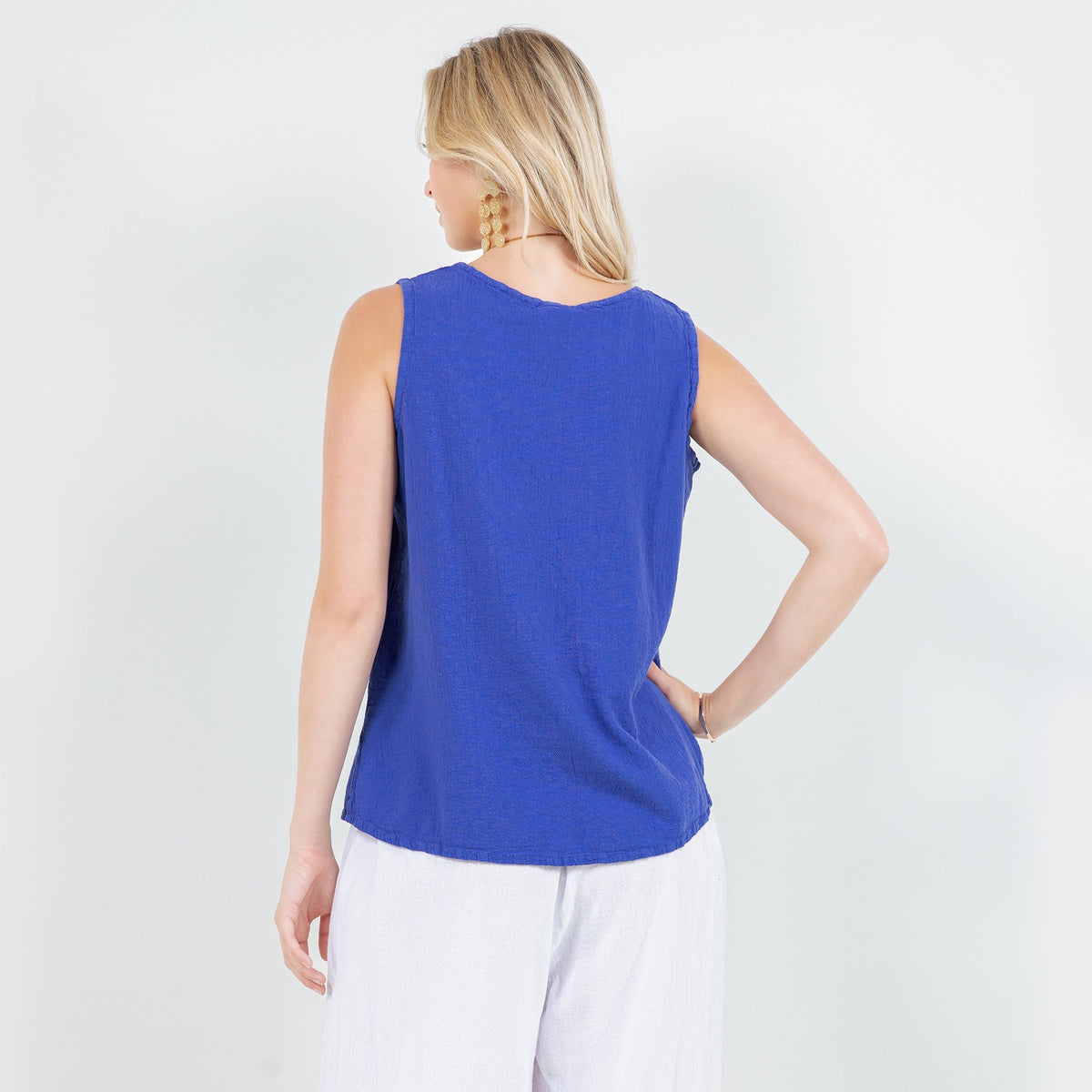 Women's cotton gauze Anne top, blue sleeveless back view with scoop neckline.