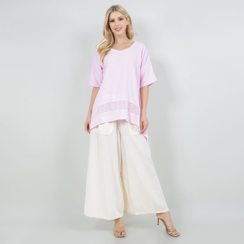 Women’s cotton gauze Cynthia top in lilac, short sleeves, relaxed drape