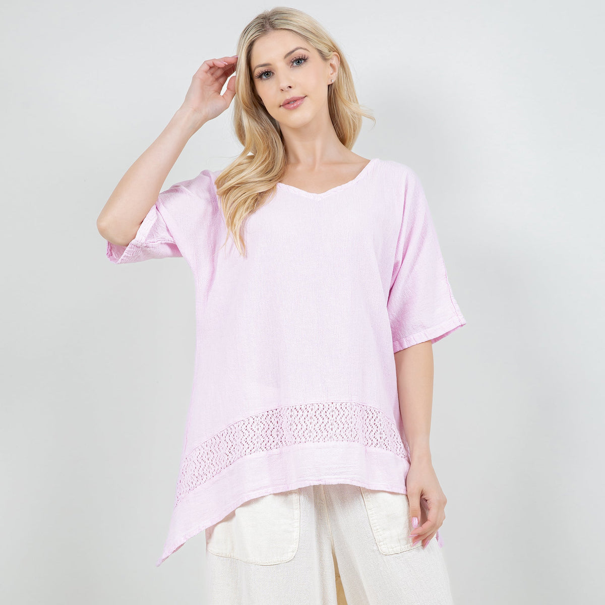 Women’s cotton gauze Cynthia top, lilac scoop neck with crochet hem band