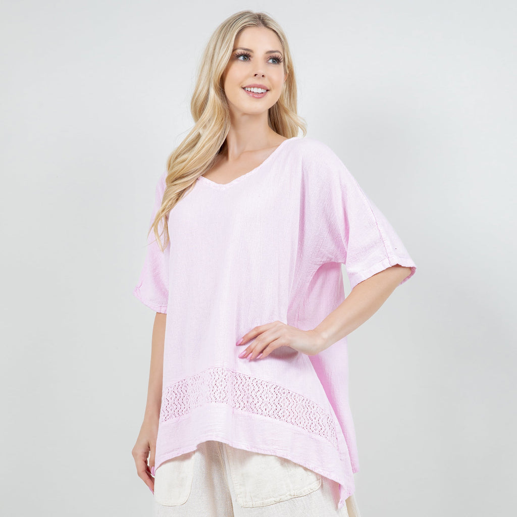 Women’s cotton gauze Cynthia top, lilac short-sleeve with crochet waist hem