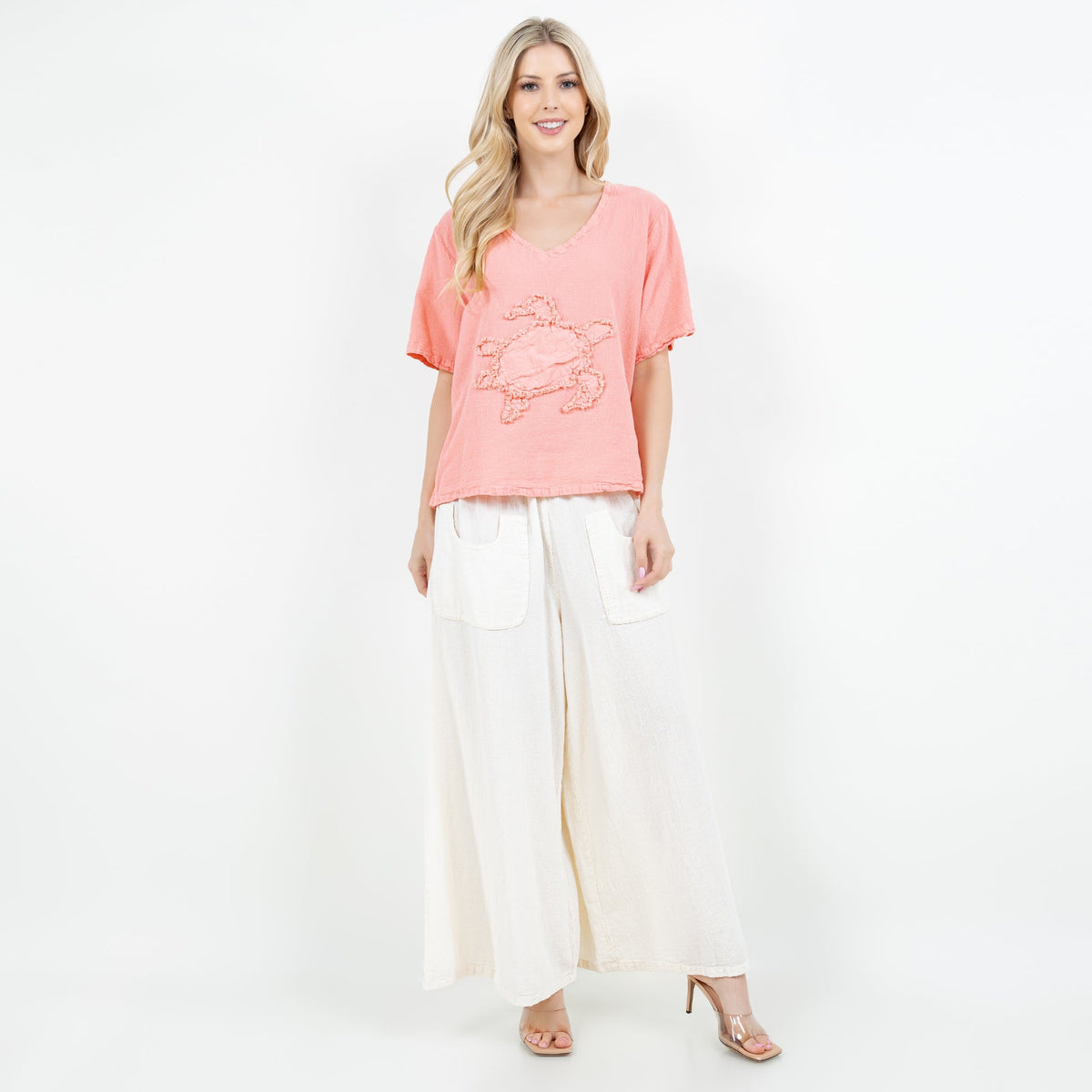 Women’s pink cotton gauze top with embroidered applique, V-neck, relaxed fit
