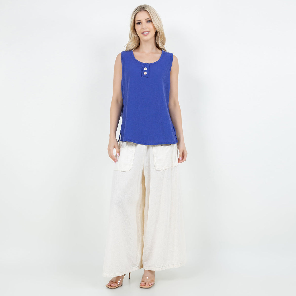 Women's cotton gauze sleeveless top in deep blue with small button placket
